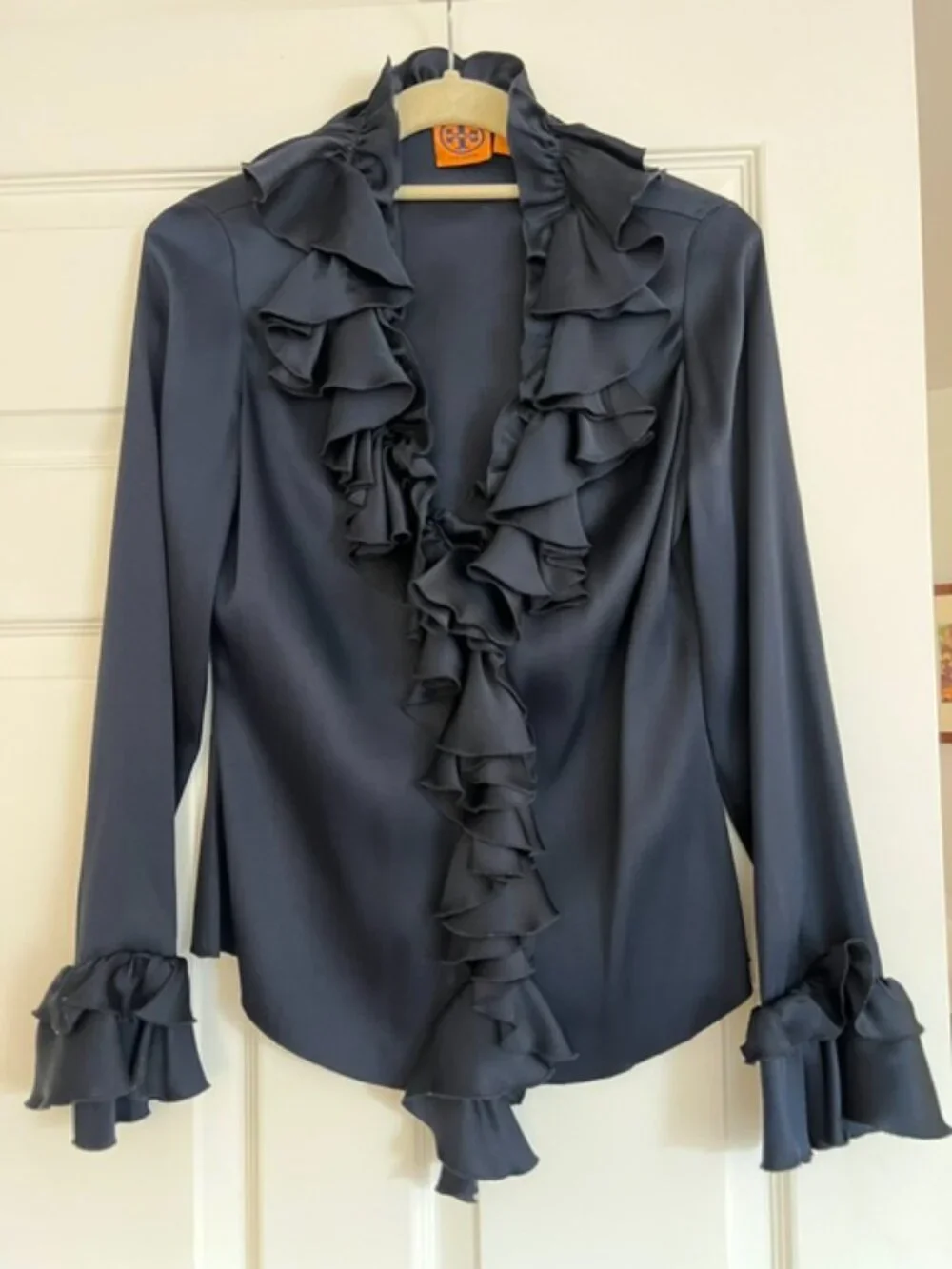 Tory Burch Vintage Navy Blue 100% Silk Waterfall Ruffle Blouse Size 2